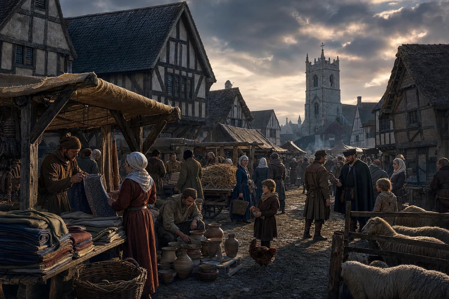 Labelled artistic reconstruction of people working in a medieval English town