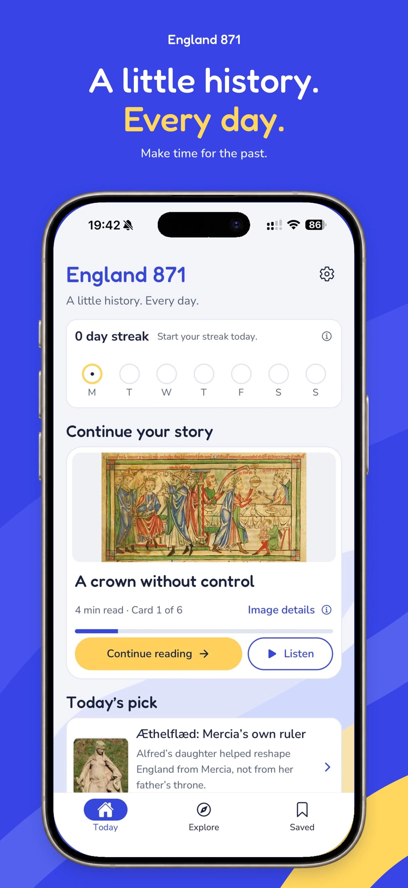England 871 Today screen: a daily reading streak, continued reading and a Listen button, in the supplied iPhone preview.