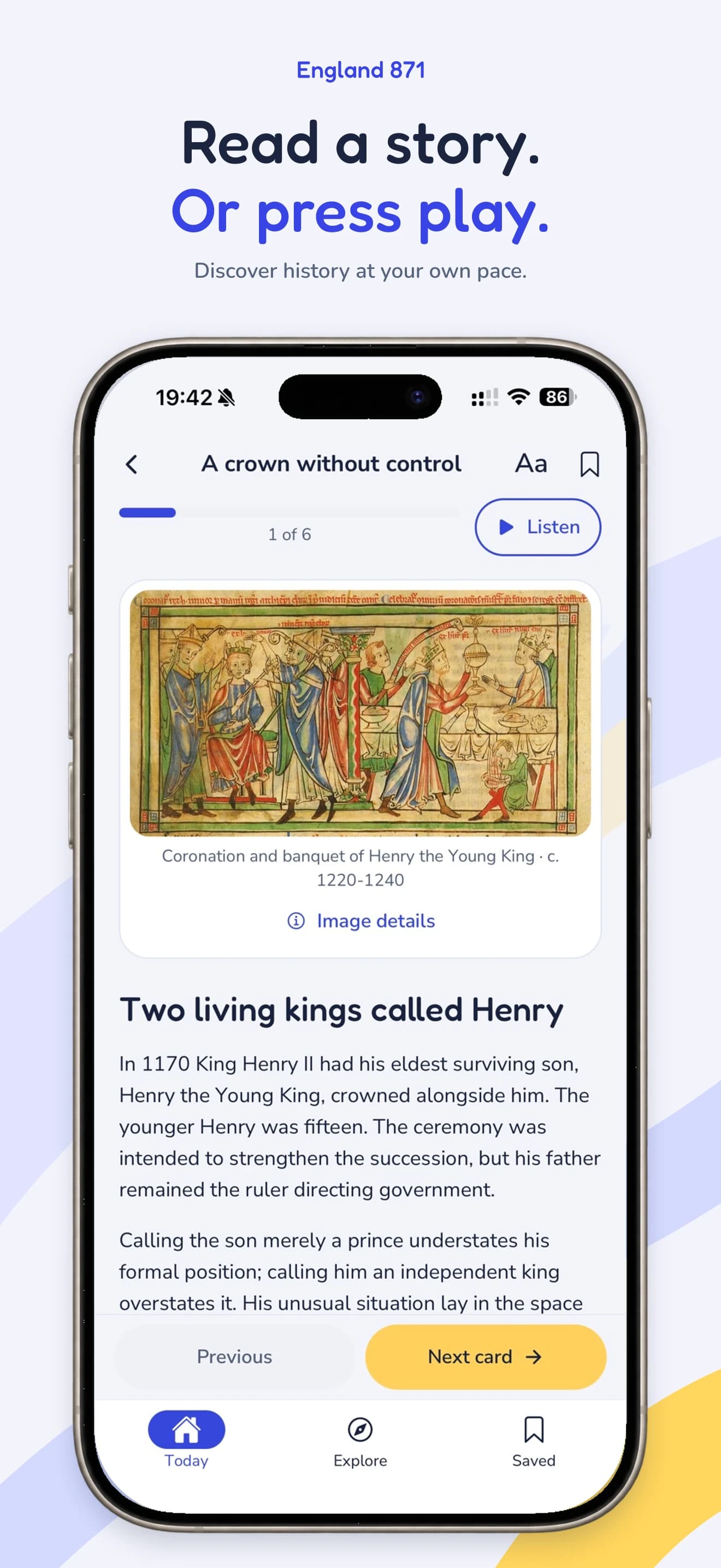 England 871 illustrated reader showing A crown without control, with a Listen control and image details.