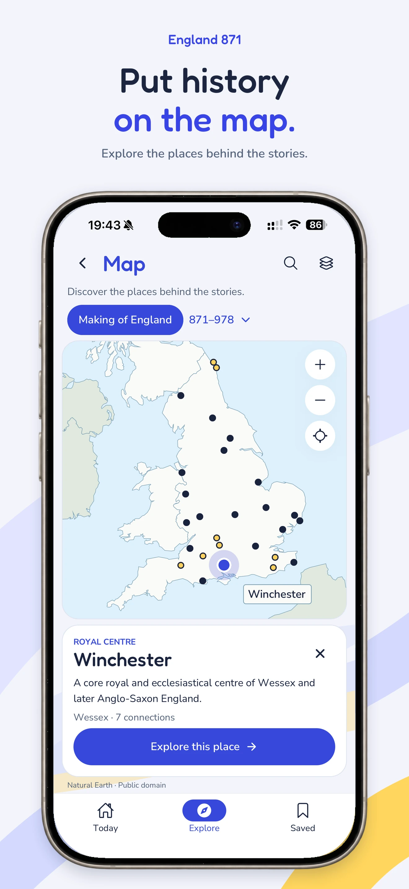 England 871 interactive map with Winchester selected, places linked to stories and a historical period filter.