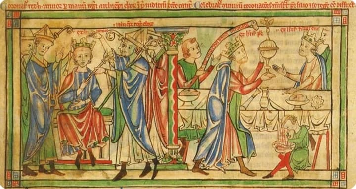 Historical depiction of the coronation and banquet of Henry the Young King, as shown in the England 871 reader